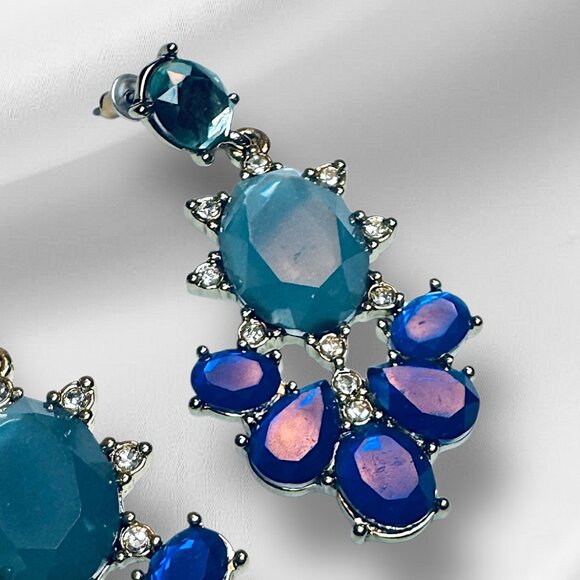 Statement Dangling Pierced Earrings Silver Tone Blue and Teal Stones - Picture 3 of 3